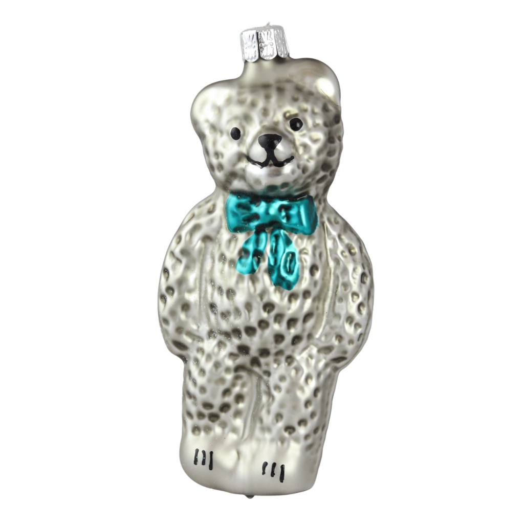 Gray teddy bear with turquoise ribbon
