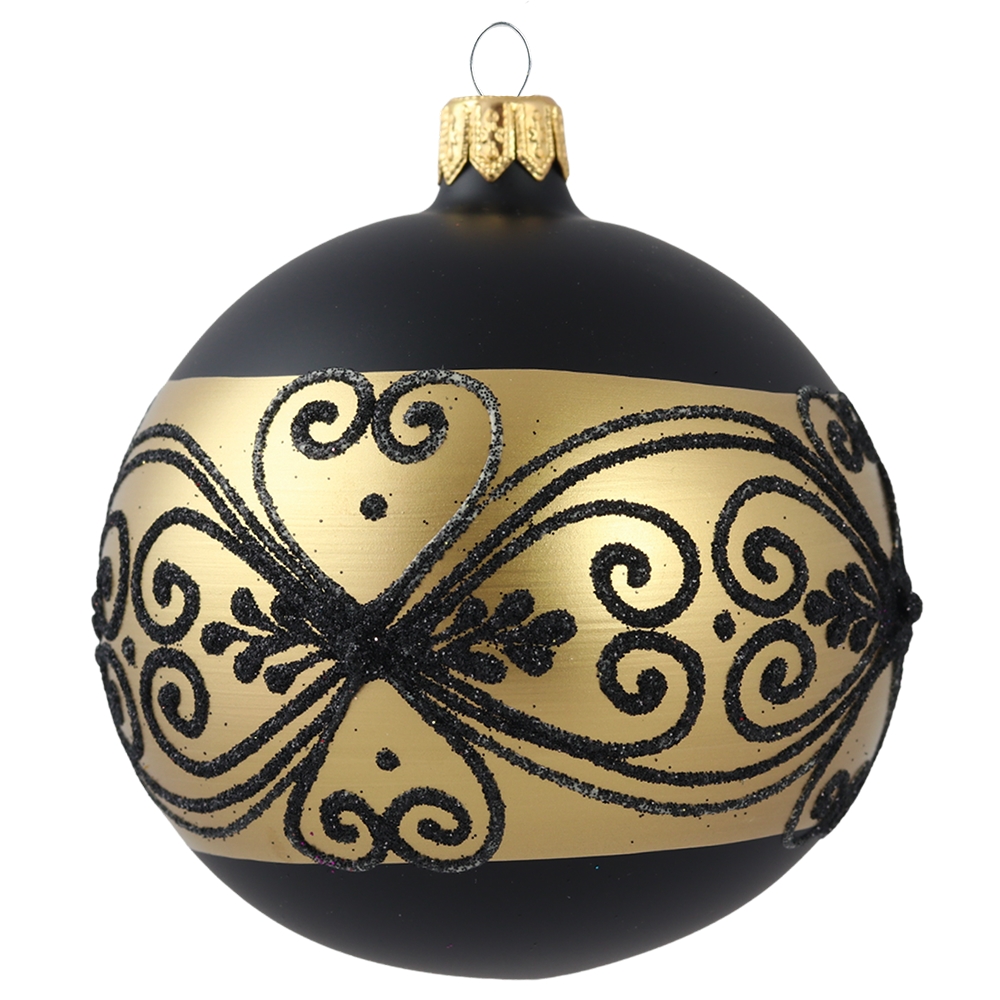 Glass Christmas ornaments - Ball in black matt with gold decor 6 cm