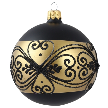 Glass Christmas ornaments - bauble in black matt with gold decor
