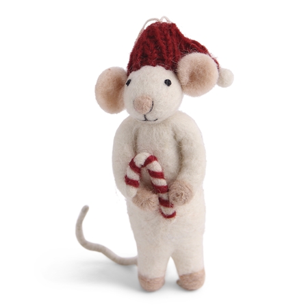 Felt mouse figurine with a candy cane