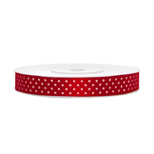 Slim satin ribbon with white polka dots