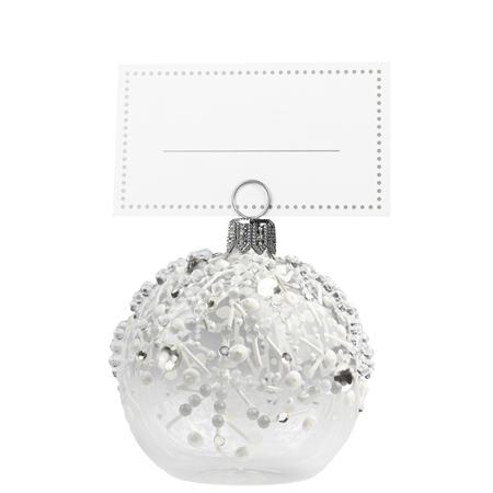 Transparent card holder bauble with frozen raindrops décor