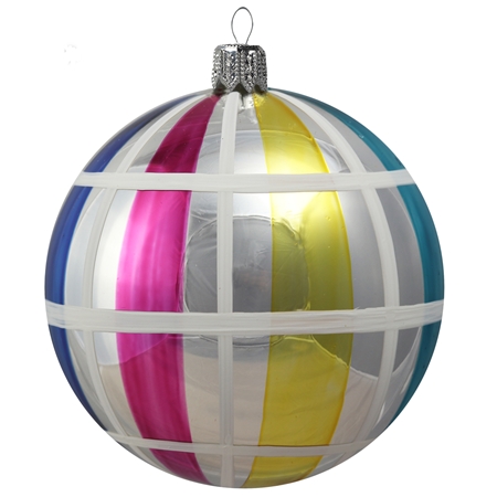 Christmas bauble with snowy sprinkles and colorful strips décor