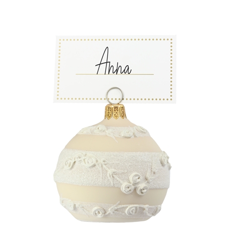 Creamy table seating plan holder bauble with white roses