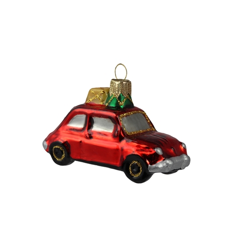 Red car with two presents small Christmas ornament