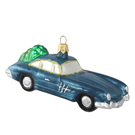 Glass ornament blue car with tree