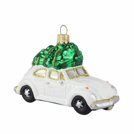 White car with Christmas tree ornament