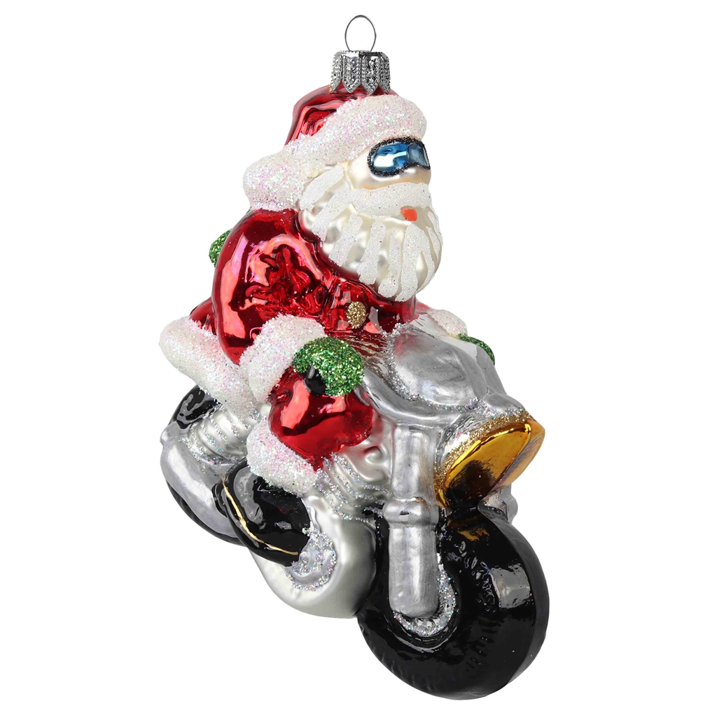 Santa on a motorbike with goggles Christmas ornament
