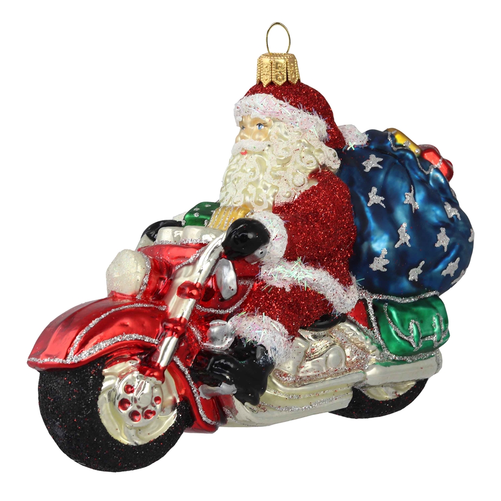 Santa on a motorcycle with gifts