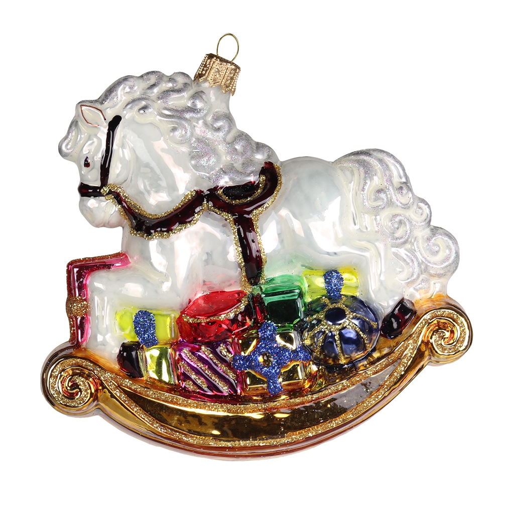 White rocking horse with a bunch of gifts