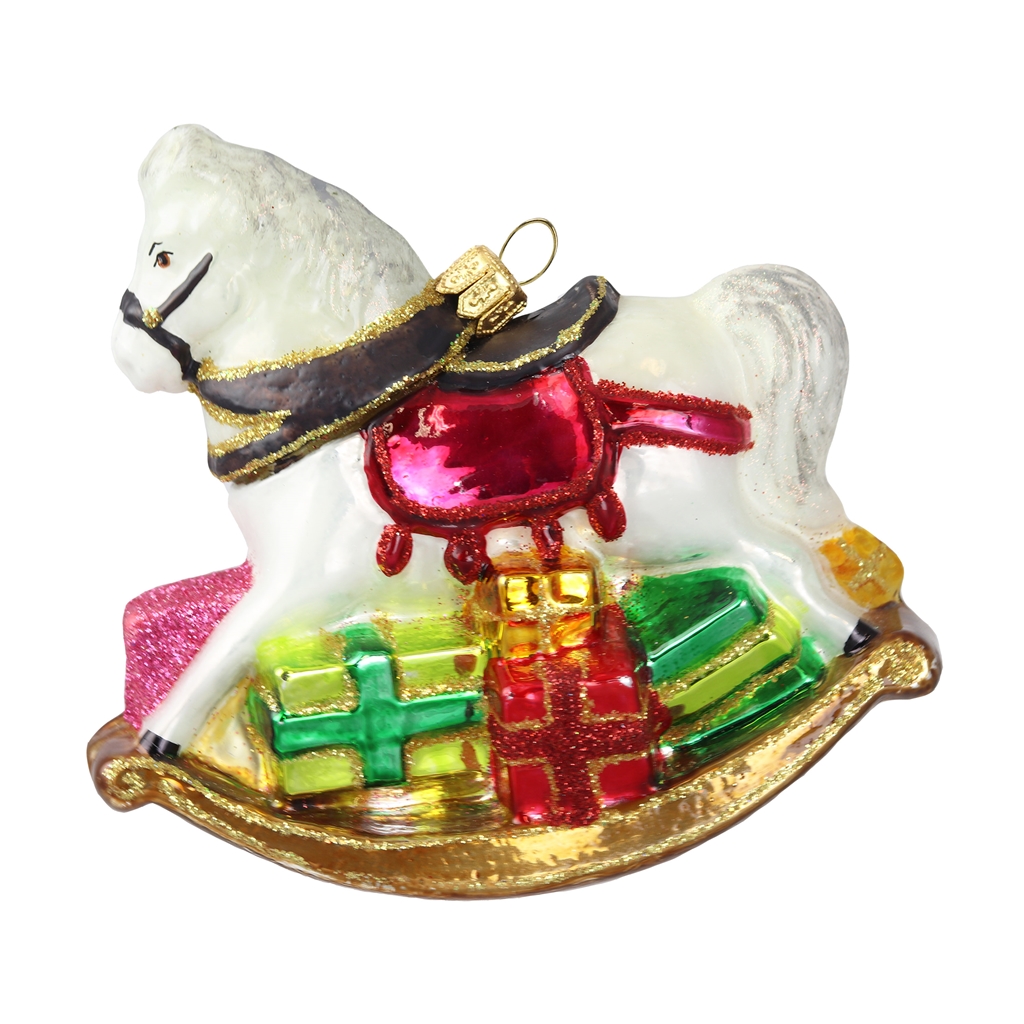 Christmas glass ornament - White rocking horse 9,5 cm