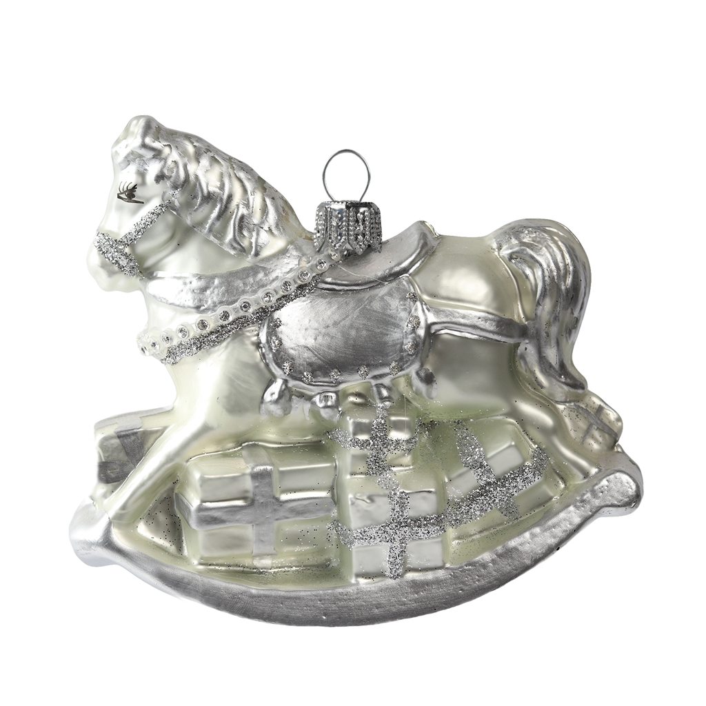 Glass silver rocking horse with gifts