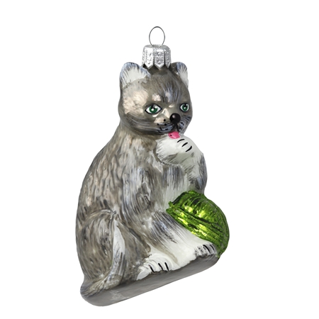 Grey glass cat Christmas ornament