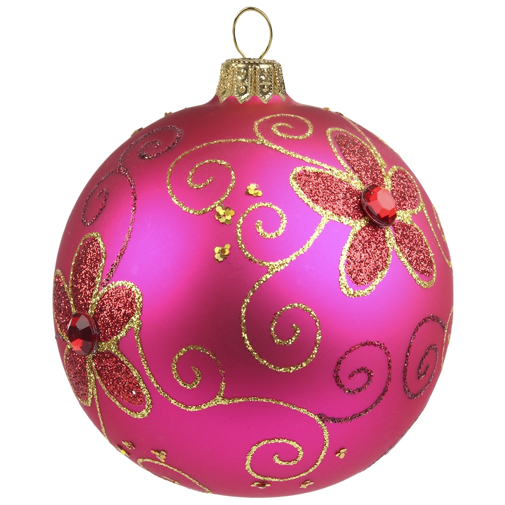 Dark pink Christmas bauble with flower décor matt finish