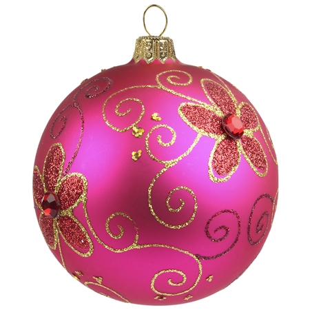 Dark pink Christmas bauble with flower décor matt finish