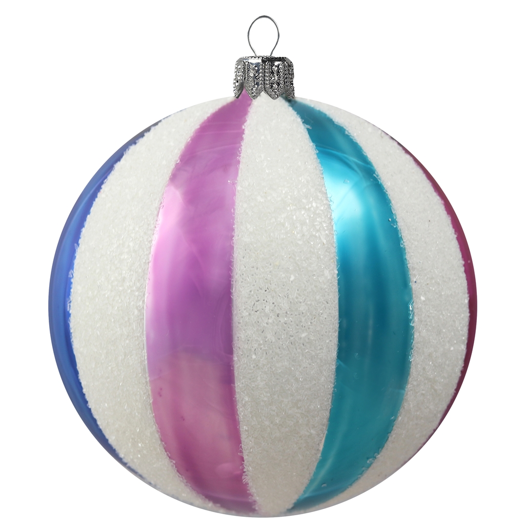 Glass ball with snowy décor and colored stripes