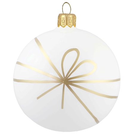 White glass ball with gold ribbon motif