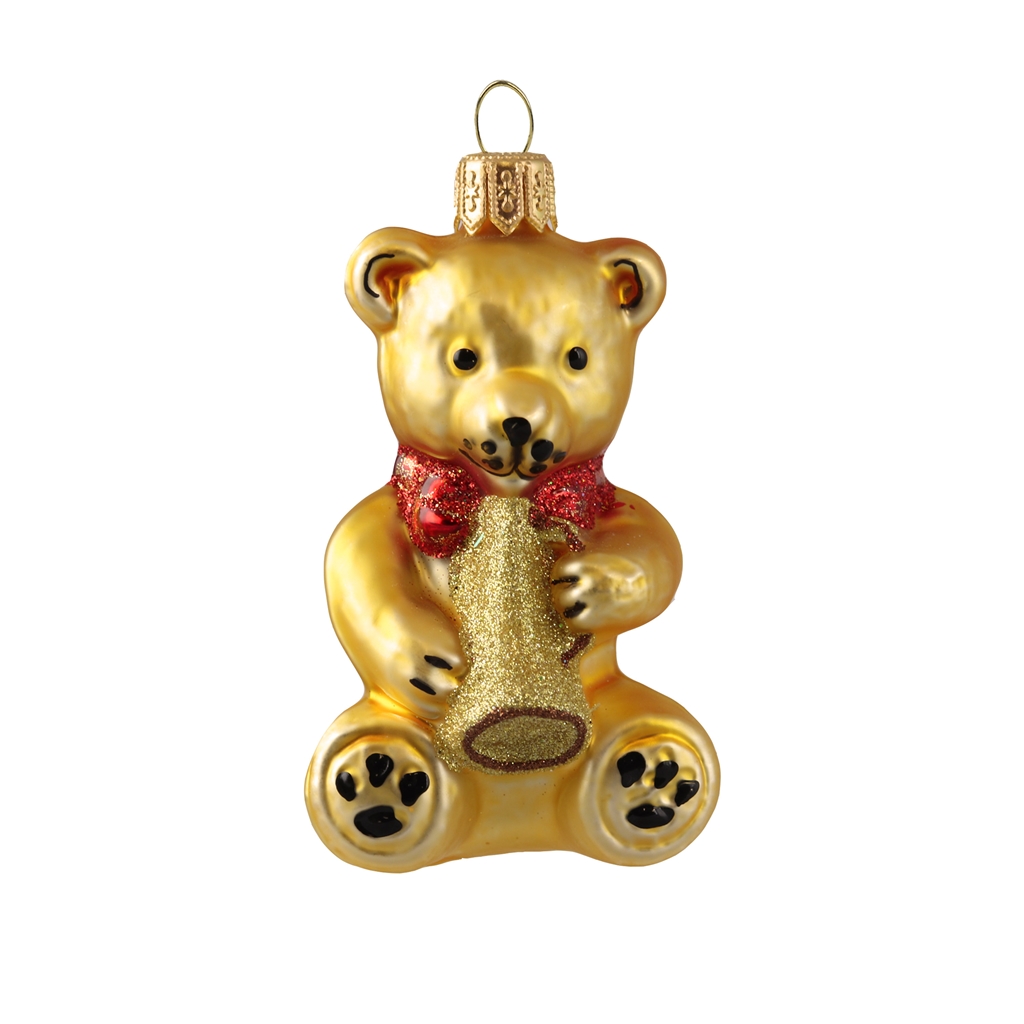 Christmas decoration glass golden teddy bear with trumpet