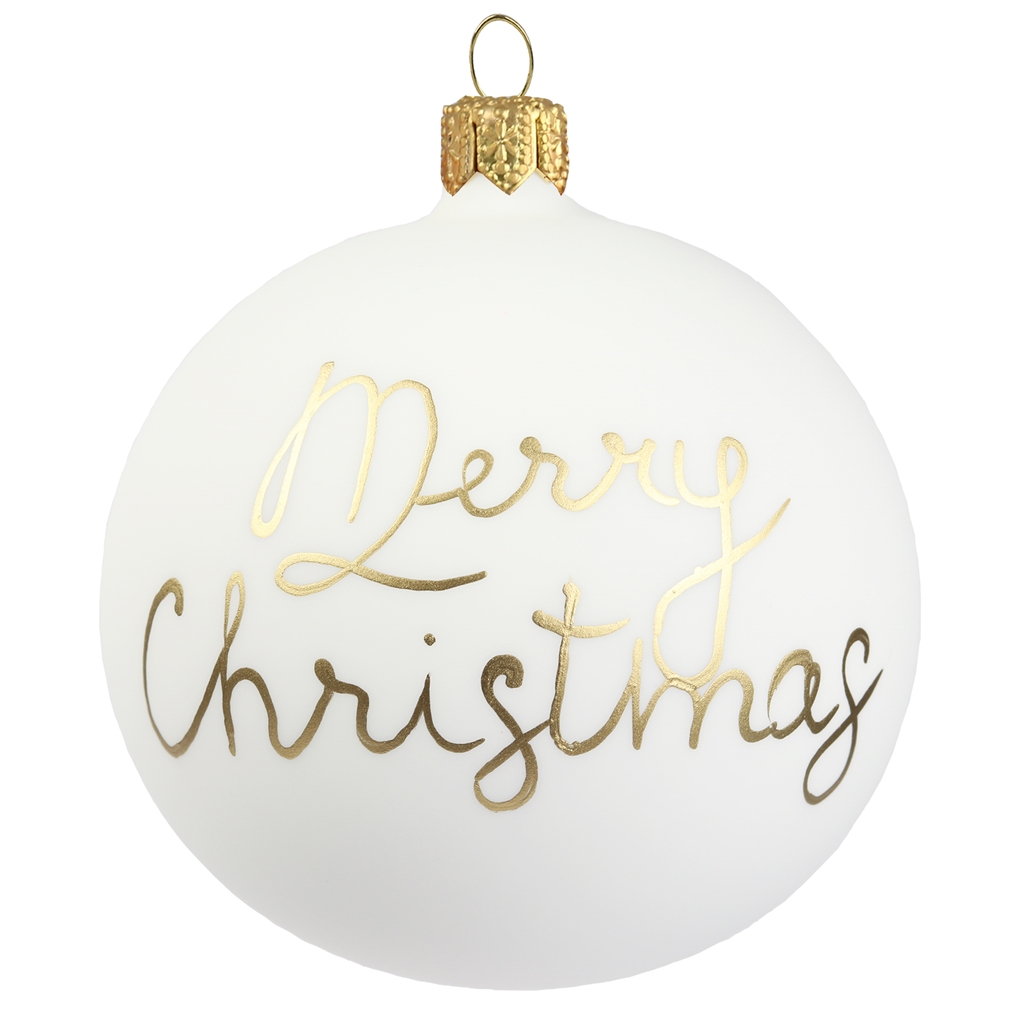 Glass bauble white with Merry Christmas