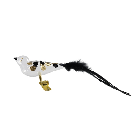 A clear bird with gold and black dots ornament