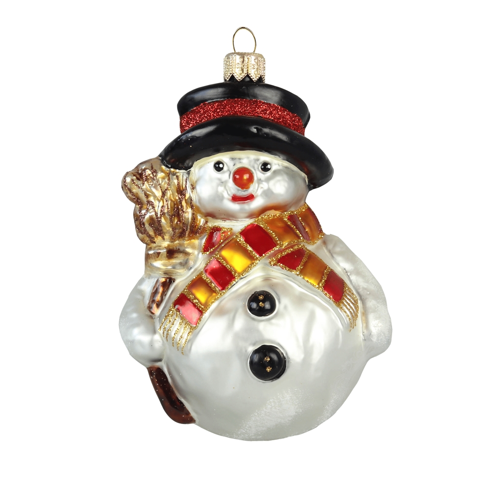 Snowman with broom and red-yellow scarf