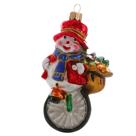 Snowman on unicycle with sack of presents Christmas ornament
