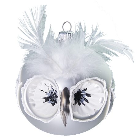 White owl Christmas bauble with feathers
