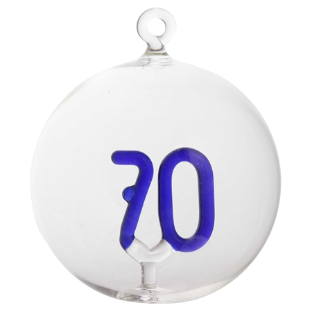 Clear glass bauble with number 70 in dark blue color