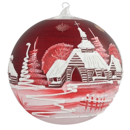 Glass bauble with red village motif