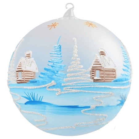 Glass bauble with light blue village motif