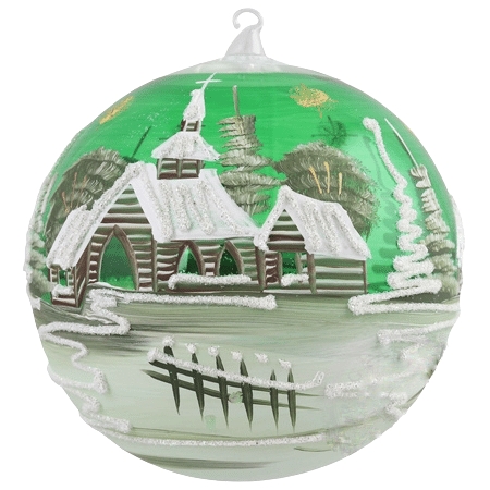 Glass bauble with bright green village motif