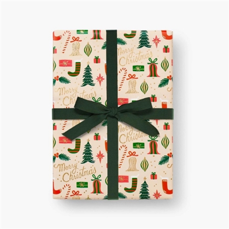 Gift wrapping paper with golden Christmas motifs