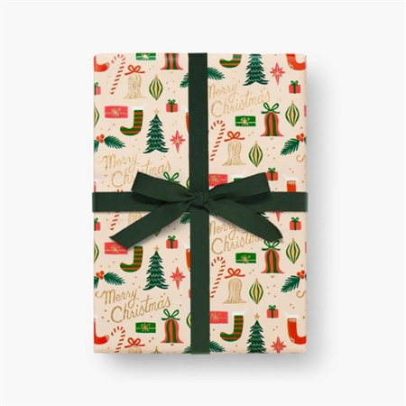 Gift wrapping paper with golden Christmas motifs