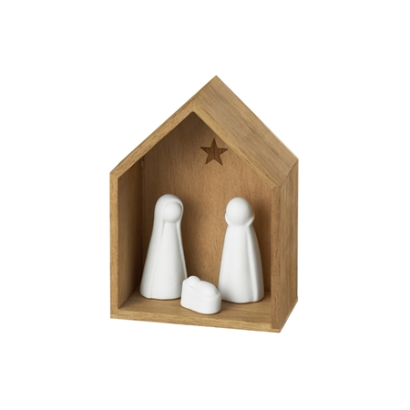 Small wooden nativity scene with porcelain figurines