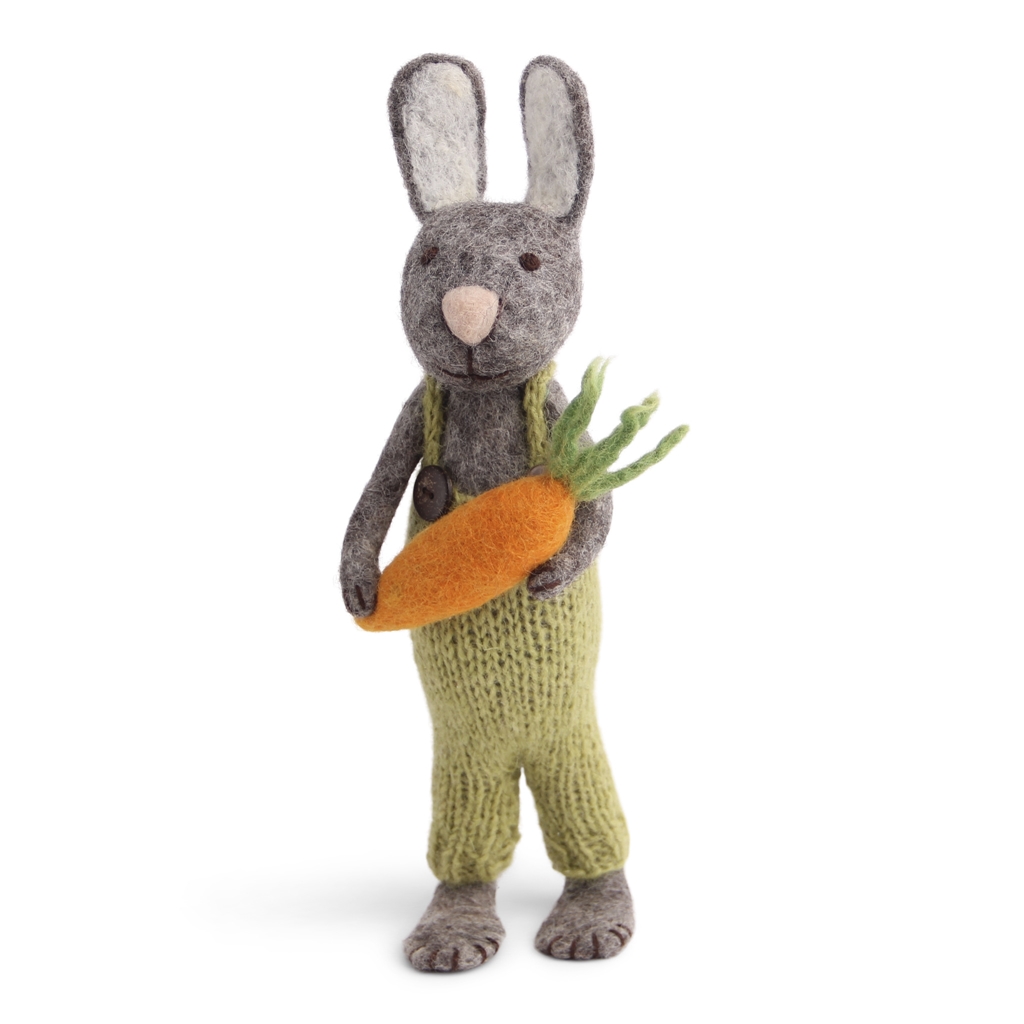 Large felt gray bunny dressed in dungarees with a carrot