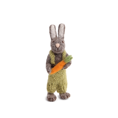Felt gray bunny dressed in dungarees with a carrot