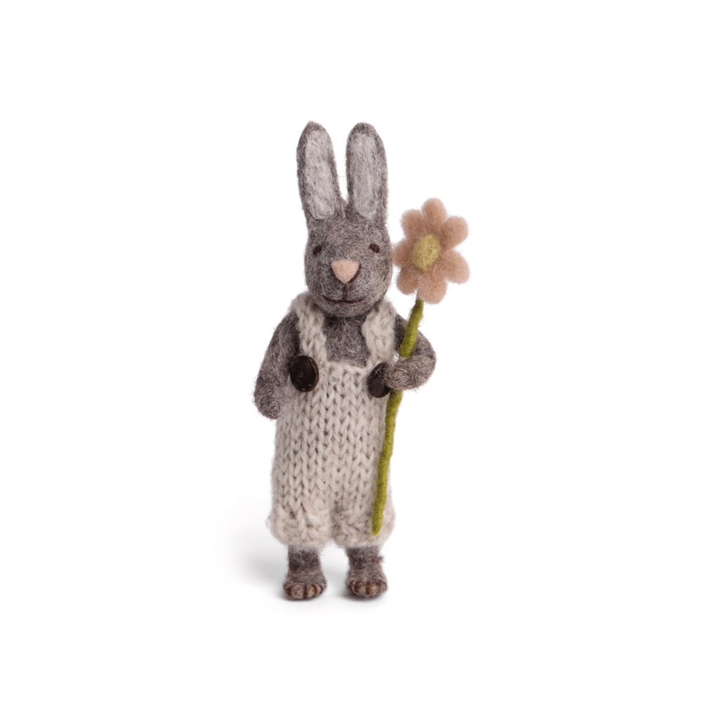 Felt gray bunny dressed in dungarees with a flower