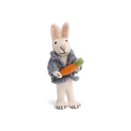 Felt white bunny in a jacket with a carrot