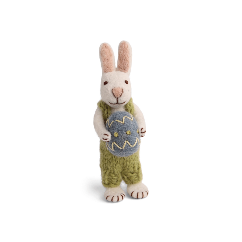 Felt bunny dressed in dungarees with an Easter egg