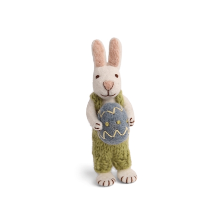Felt bunny dressed in dungarees with an Easter egg