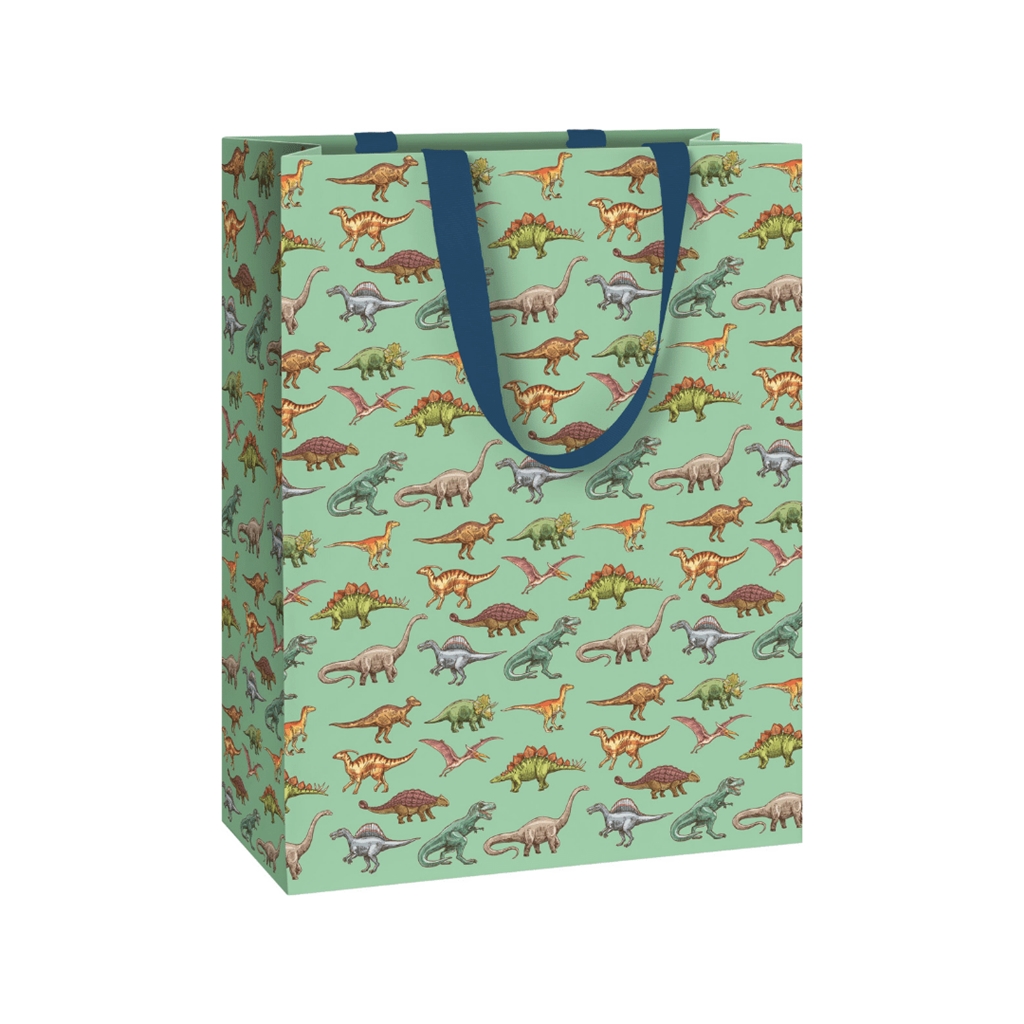 Green gift bag with dinosaurs