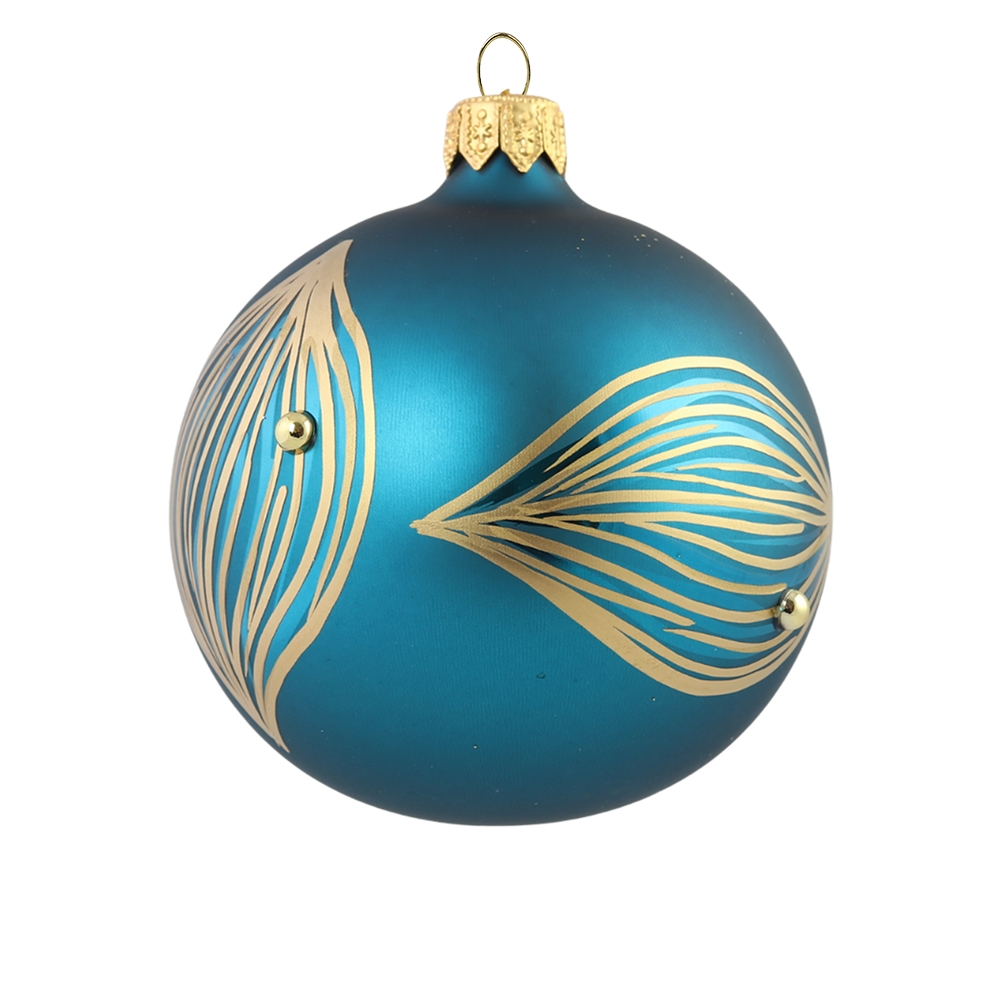 Blue Christmas bauble with bronze leaves