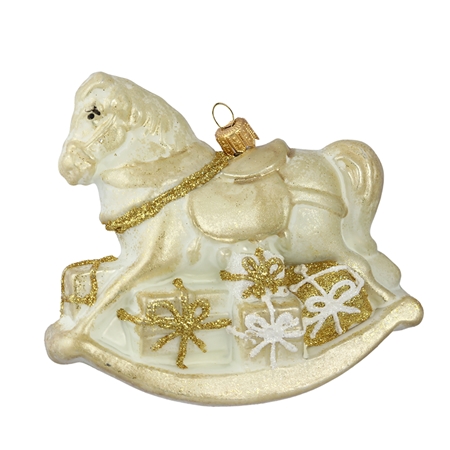 Golden rocking horse with presents