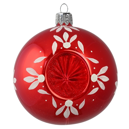 Red ball ornament with white flowers decoration and reflector