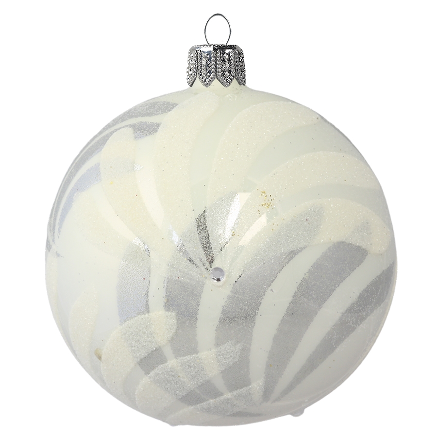 White-grey glass ball ornament with floral decoration