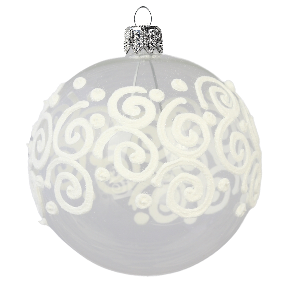 Clear Christmas ball with white decoration Decor by Glassor.cz