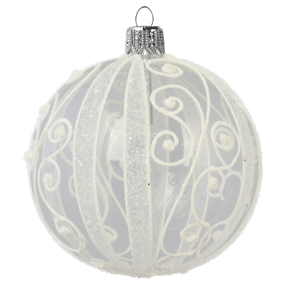 Clear ball ornament with white spiral decoration
