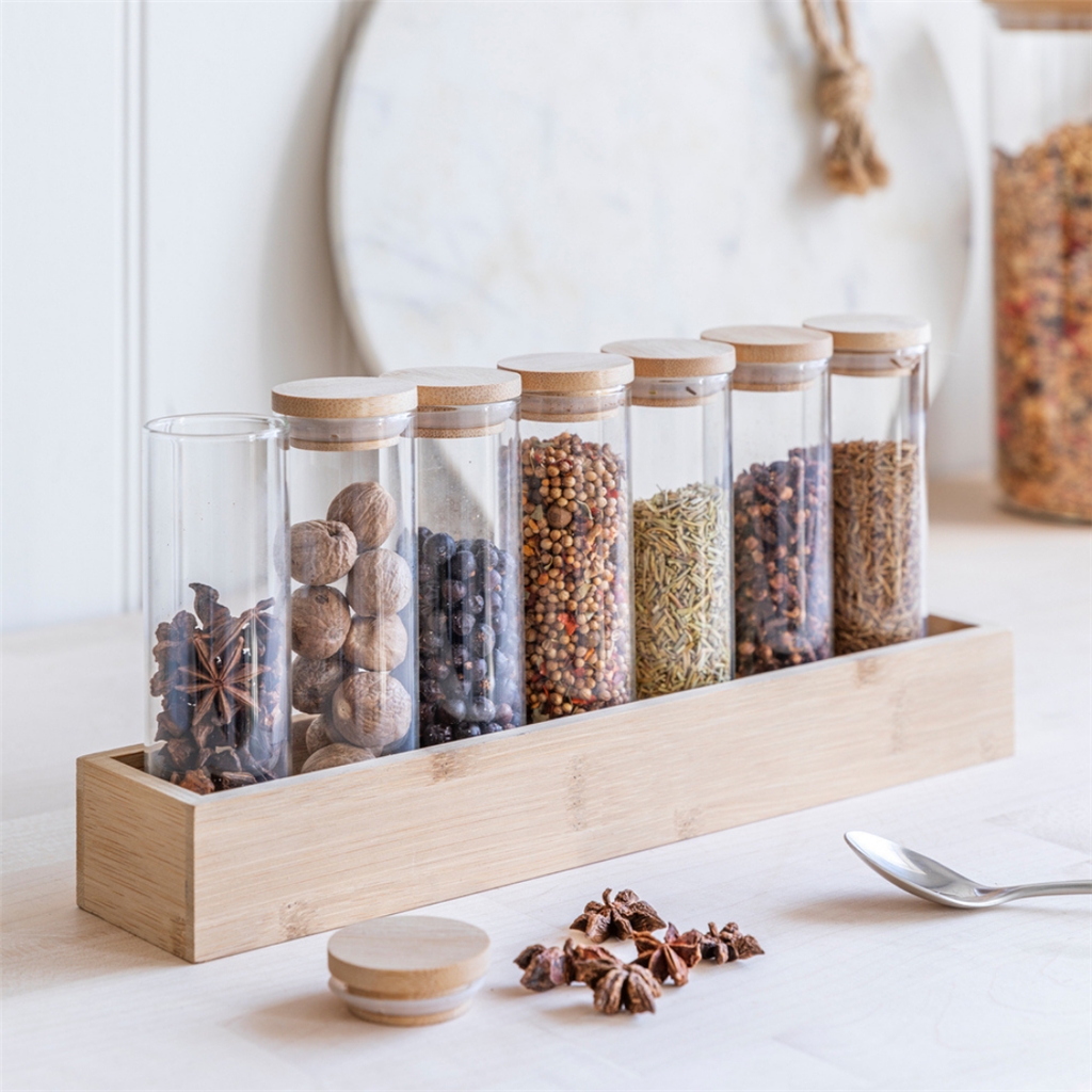 Set of glass spice jars (7 pcs) with bamboo stand