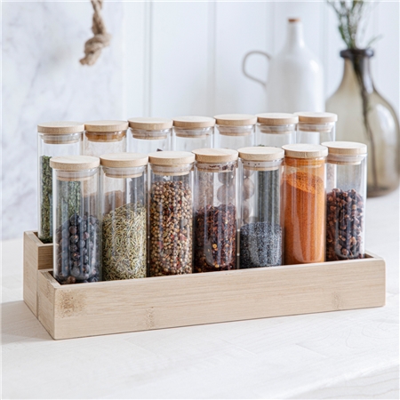 Set of glass spices jars (14 pcs) with bamboo stand