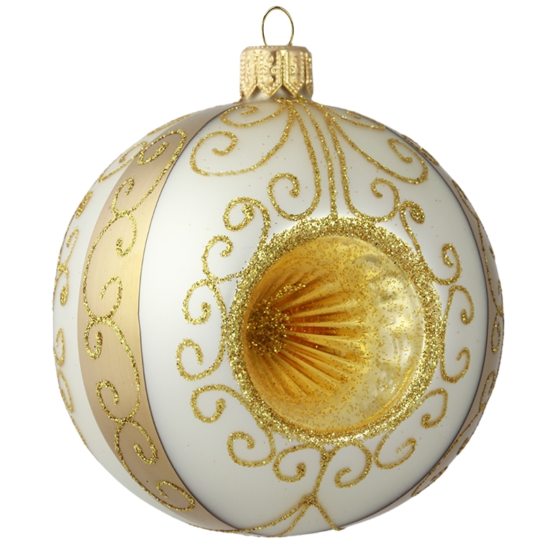 Christmas glass baubles - ball in white matt with bronze decor